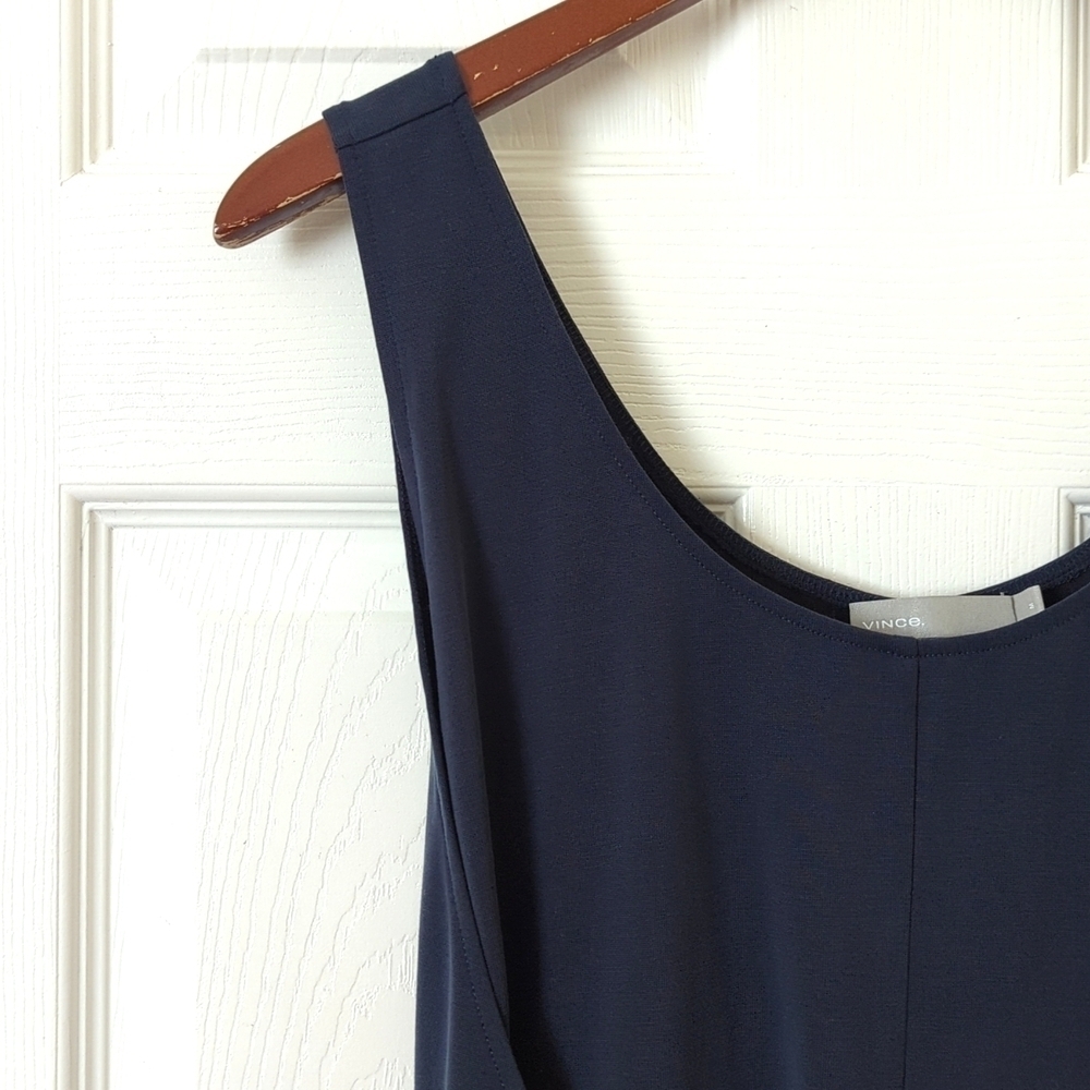 Vince Silky Sleeveless Scoop Neck Tie Front Midi Sheath Dress Coastal Navy M - Picture 4 of 15